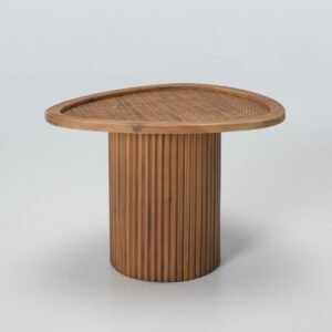 Side Table – 55cm Pebble Side Table, Rattan & Wood with Pillar Base