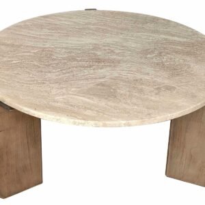 Round Coffee Table – 83cm Round Coffee Table, Travertine-Style Marble and Wood
