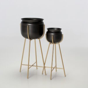 Plant Stands – Set of 2 Black Plant Pots on Brass Stands (Large & Small)