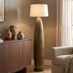 Floor Lamp – Textured Pillar Floor Lamp With Antique Gold Finish & White Fabric Shade