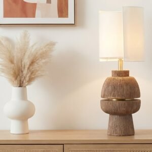 Table Lamp – Walnut Swirl Table Lamp With Sculptural Wood Base & Dual Layer White Shade